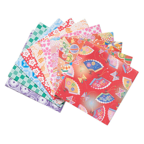 Origami paper, Washi, multicolored, 3x3-inch square, 10 total patterns. Sold per pkg of 300 sheets. image number 0
