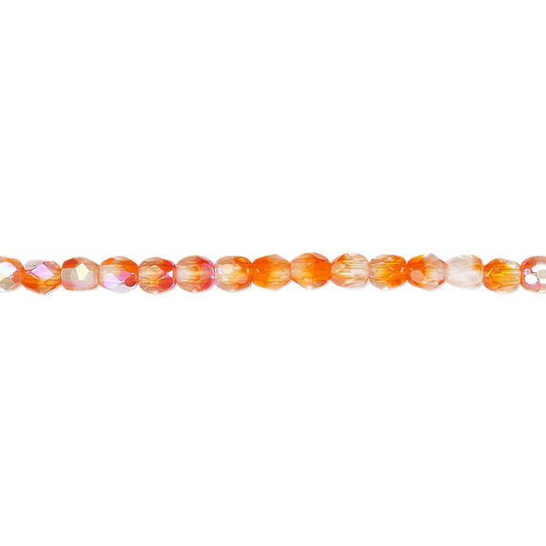 Bead, Czech fire-polished glass, two-tone, crystal/orange AB, 3mm faceted round. Sold per 15-1/2" to 16" strand. image number 0