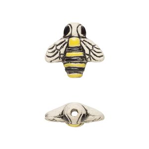 Bead, painted and glazed ceramic, black / white / yellow, 15x14mm single-sided bee. Sold per pkg of 2.