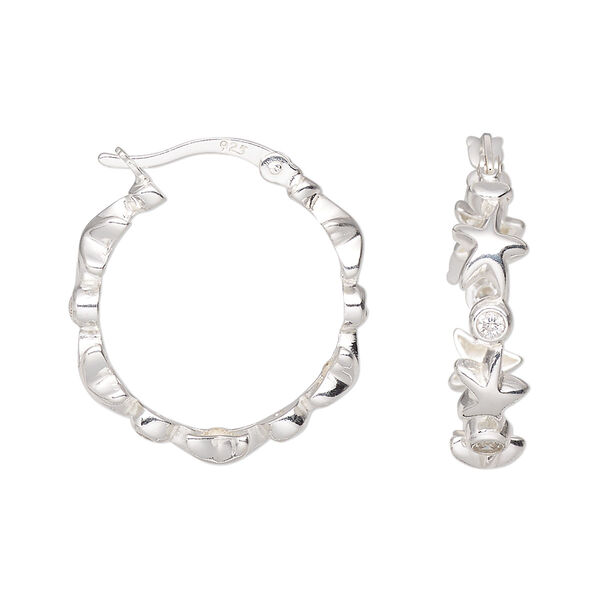 Earring, Create Compliments®, sterling silver and cubic zirconia, clear, 23mm round hoop with stars and hinged closure. Sold per pair. image number 0