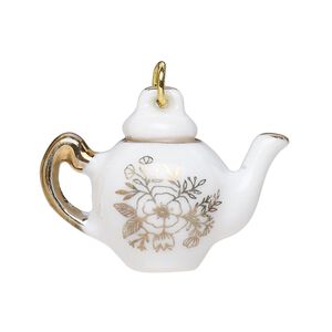 Focal, ceramic and gold-finished steel, gold and white, 33x24mm teapot with floral design and jump ring. Sold per pkg of 2.