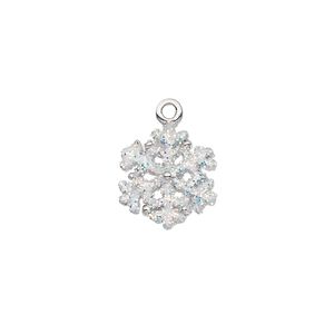 Charm, silver-plated "pewter" (zinc-based alloy) and enamel, white, 13mm double-sided snowflake with glitter. Sold individually.