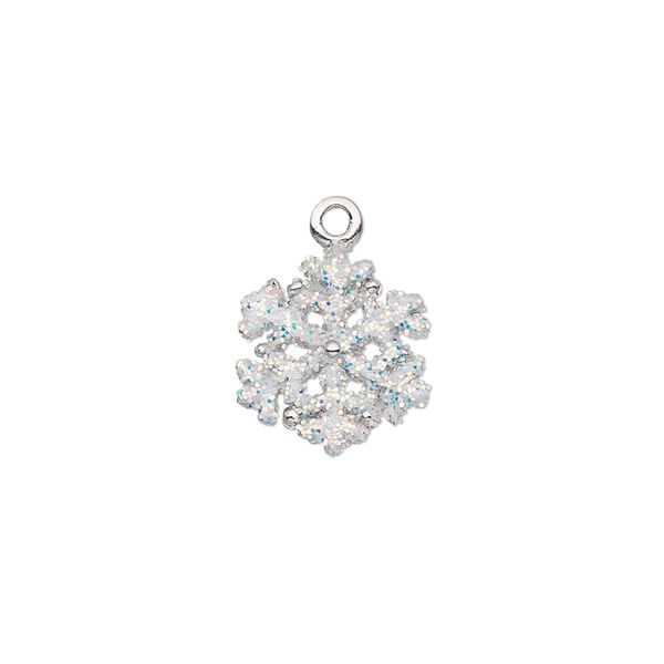 Charm, silver-plated "pewter" (zinc-based alloy) and enamel, white, 13mm double-sided snowflake with glitter. Sold individually. image number 0