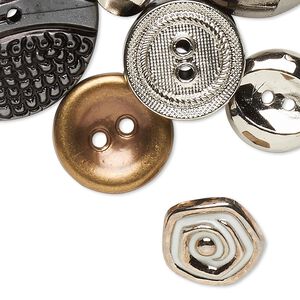 Button mix, resin and acrylic, mixed metallic colors, 8-50mm mixed shape. Sold per 1/4 pound pkg, approximately 95 to100 buttons.