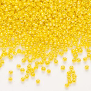 Seed bead, Miyuki, glass, pkg/250g, #11 rocaille, opaque rainbow canary (RR-472D).