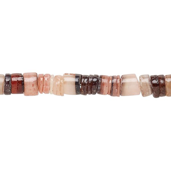 Bead, common hammer oyster shell (dyed), earth tone colors, 5x1mm-6x4mm hand-cut heishi, Mohs hardness 3-1/2. Sold per 24-inch strand. image number 0