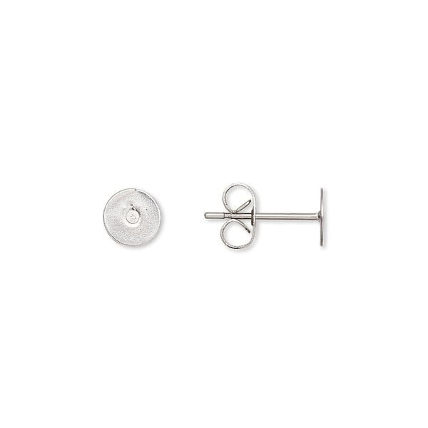 Earstud 1pkg20, 6mm flat pad / 6mm round setting / earnuts, stainless steel 10 pair image number 0