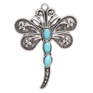 Focal, antique silver-finished "pewter" (zinc-based alloy) and "turquoise" (resin) (imitation), turquoise blue, 44x35mm single-sided dragonfly. Sold individually.