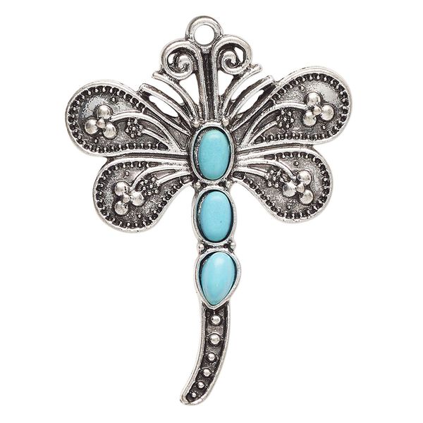 Focal, antique silver-finished "pewter" (zinc-based alloy) and "turquoise" (resin) (imitation), turquoise blue, 44x35mm single-sided dragonfly. Sold individually. image number 0