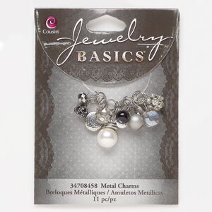 Drop mix, silver-finished "pewter" (zinc-based alloy) / silver-finished steel / glass / acrylic, mixed colors, assorted shapes. Sold per pkg of 11.