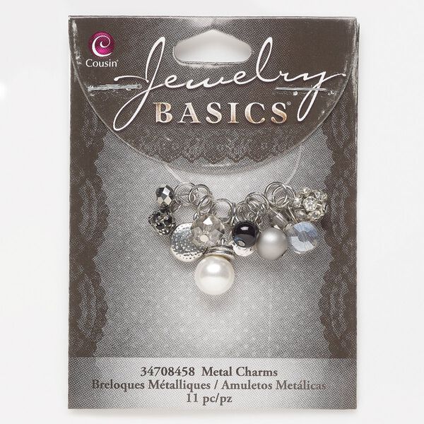 Drop mix, silver-finished "pewter" (zinc-based alloy) / silver-finished steel / glass / acrylic, mixed colors, assorted shapes. Sold per pkg of 11. image number 0