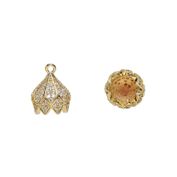 Cord end, glass rhinestone and gold-finished brass, clear, 10mm blossom, 6mm inside diameter. Sold individually. image number 0