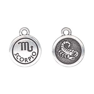 Charm, TierraCast®, antique silver-plated pewter (tin-based alloy), 15mm two-sided flat round with Scorpio zodiac sign and symbol. Sold per pkg of 20.