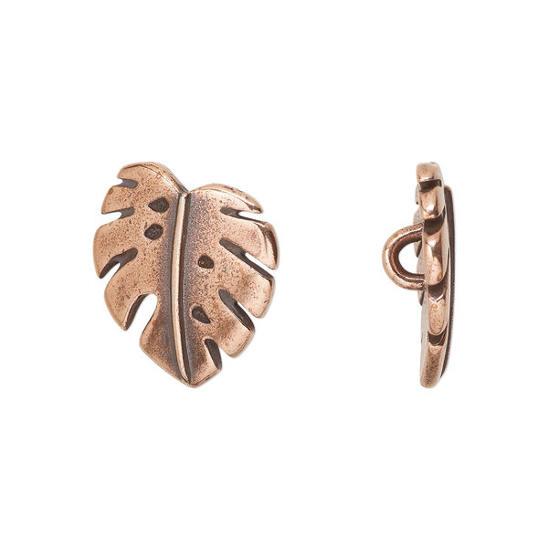 Button, TierraCast®, antique copper-plated pewter (tin-based alloy), 15x13.5mm monstera leaf with closed loop. Sold per pkg of 2. image number 0