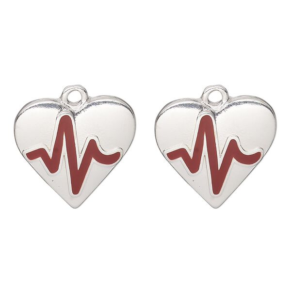 Charm, antique silver-finished "pewter" (zinc-based alloy) and enamel, red, 19x17mm heart with pulse pattern. Sold per pkg of 2. image number 0