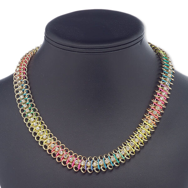 Necklace, glass rhinestone / nylon / gold-finished brass / steel / "pewter" (zinc-based alloy), neon rainbow and clear, 15mm wide, 16 inches with 4-1/2 inch extender chain and lobster claw clasp. Sold individually. image number 0