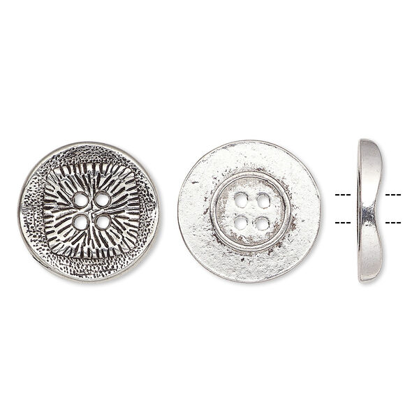 Button, antiqued silver-finished "pewter" (zinc-based alloy), 21mm single-sided wavy flat round with textured square design. Sold per pkg of 20. image number 0