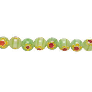 Bead, millefiori glass 1pkg1, translucent green / red / golden orange, 6mm round, 15 inches.