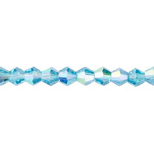 Bead 1pk transparent turquoise blue AB, Celestial Crystal® 6mm bicone 15.5-16 inch