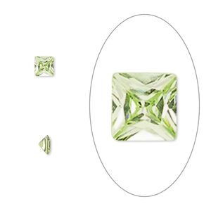 Gem, cubic zirconia, peridot green, 4mm faceted square, Mohs hardness 8-1/2. Sold per pkg of 2.
