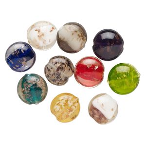 Bead, lampworked glass, opaque and translucent multicolored with copper-colored glitter, 18-22mm puffed flat round. Sold per pkg of 10.