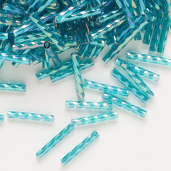 Bugle bead, Dyna-Mites™, glass, translucent rainbow turquoise, 12mm twisted. Sold per 50-gram pkg. image number 0