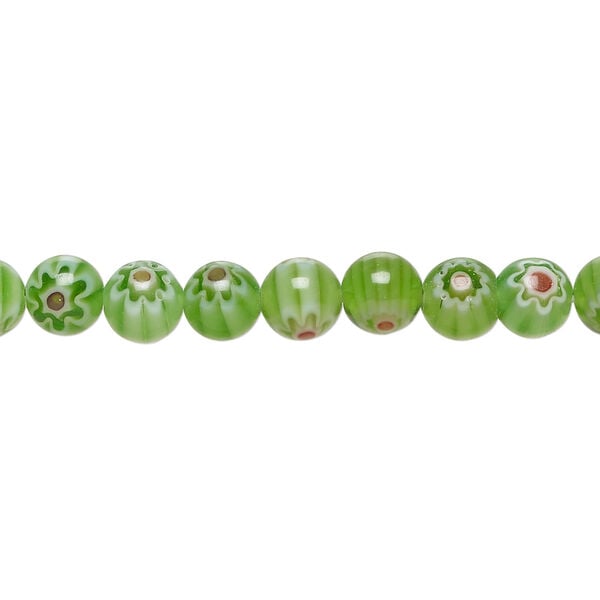 Bead, millefiori glass 1pkg1, translucent green / white / red, 6mm round, 15 inches. image number 0