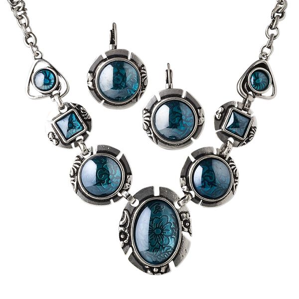 Necklace and earring set, glass with antique silver-plated steel and "pewter" (zinc-based alloy), teal and green, oval, 15" to 16" necklace with lobster claw clasp, 25mm earrings with round and leverback ear wire. Sold per set. image number 0