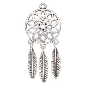 Focal, antique silver-finished "pewter" (zinc-based alloy), 51x24mm single-sided dream catcher. Sold per pkg of 2.