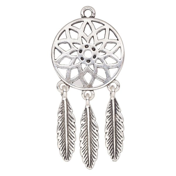 Focal, antique silver-finished "pewter" (zinc-based alloy), 51x24mm single-sided dream catcher. Sold per pkg of 2. image number 0
