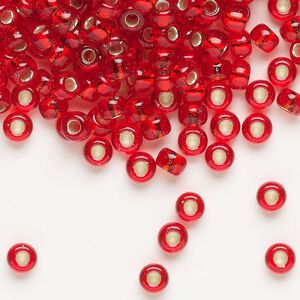 Seed bead, Miyuki, glass, pkg/25g, #6 rocaille, transparent silver-lined flame red, (RR-10).