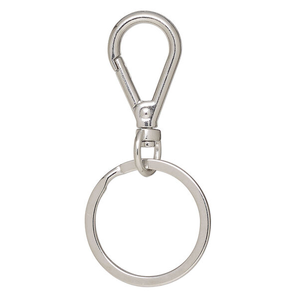 Key ring, imitation rhodium-finished brass and steel, 64x30mm overall with 27.5x17.5mm self-closing teardrop on a swivel with 30mm split ring. Sold per pkg of 5. image number 0
