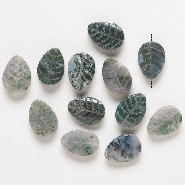 Moss agate 1pkg12, carved leaf bead natural, 18x13mm image number 1