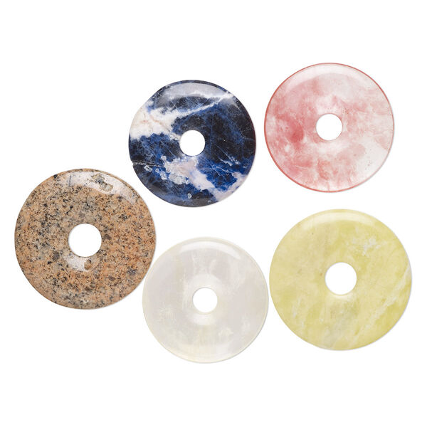 Focal mix, multi-gemstone (natural / dyed) and glass, mixed colors, 35-45mm donut, Mohs hardness 3 to 7. Sold per pkg of 5. image number 0