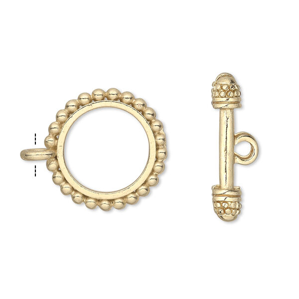 Clasp, toggle, gold-finished "pewter" (zinc-based alloy), 18mm double-sided beaded round. Sold per pkg of 8. image number 0