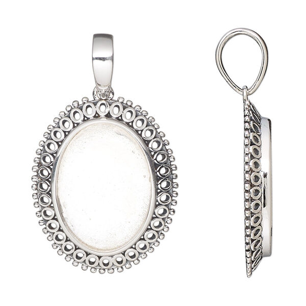 Pendant, antiqued sterling silver, 25.5x21mm oval with fancy rim and 18x13mm oval bezel setting. Sold individually. image number 0
