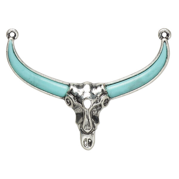 Focal, "turquoise" (resin) (imitation) and antiqued "pewter" (zinc-based alloy), blue, 50x33mm single-sided steer skull with 2 loops. Sold individually. image number 0