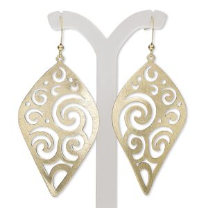 Earring, gold-finished steel and brass, 2-3/4 inches with brushed wavy diamond and swirl cutout design with fishhook ear wire. Sold per pair.