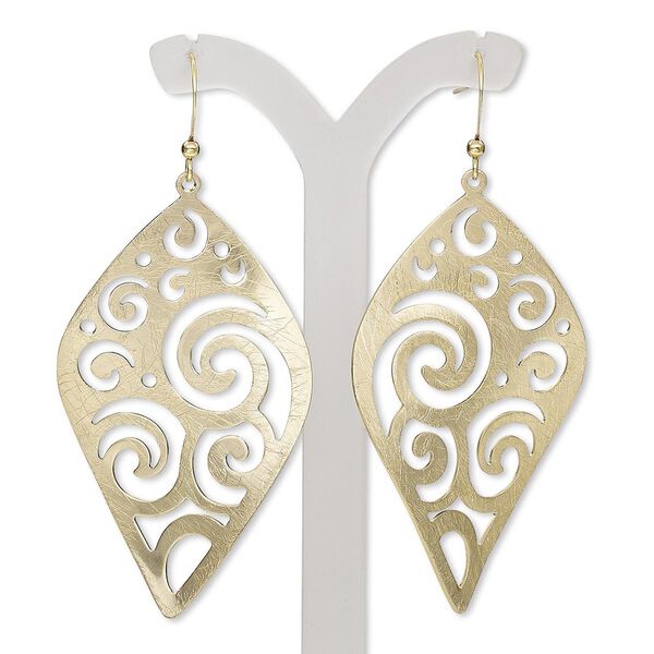 Earring, gold-finished steel and brass, 2-3/4 inches with brushed wavy diamond and swirl cutout design with fishhook ear wire. Sold per pair. image number 0