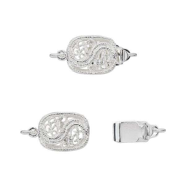 Clasp, tab, silver-plated brass, 12x9mm filigree "S" design oval. Sold per pkg of 4. image number 0