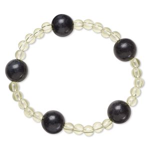 Bracelet, stretch, blackstone (dyed) and acrylic, light yellow-green, 5mm and 12-13mm round, 6 inches. Sold individually.