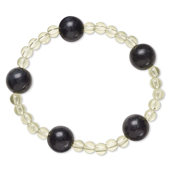 Bracelet, stretch, blackstone (dyed) and acrylic, light yellow-green, 5mm and 12-13mm round, 6 inches. Sold individually. image number 0