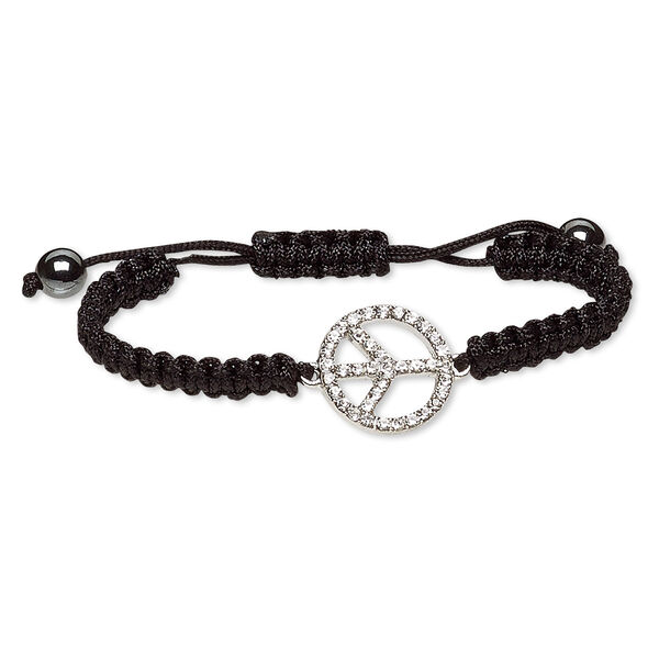 Bracelet, Hemalyke™ (manmade) / waxed cotton cord / glass rhinestone / silver-plated "pewter" (zinc-based alloy), black and clear, 20.5mm peace sign, adjustable from 7-10 inches with macramé knot closure. Sold individually. image number 0