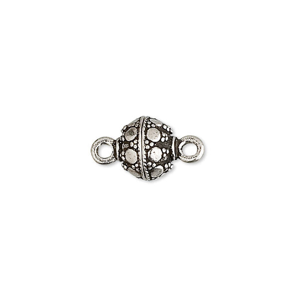 Clasp, magnetic, antiqued sterling silver, 9mm beaded round. Sold individually. image number 0