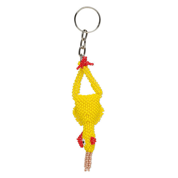 Keychain, glass and steel, 5-1/2 inches with 3-1/2 x 1-inch 3D rubber chicken and 22mm split ring. Sold individually. image number 0