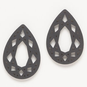 Focal 1pkg2, wood, black, 44x30mm top-drilled teardrop with cutout design.