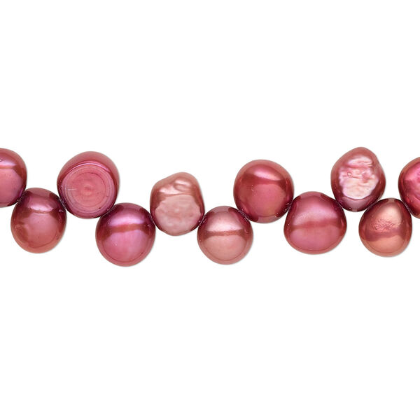 Pearl, cultured freshwater (dyed), dark scarlet, 6-7mm top-drilled flat-sided potato with 0.4-0.5mm hole, C- grade, Mohs hardness 2-1/2 to 4. Sold per 14-inch strand. image number 0