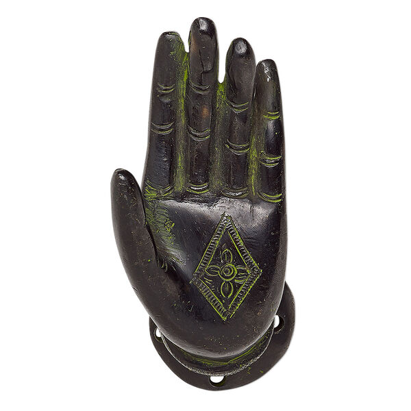 Display, antiqued brass, black and green, 4-1/8 x 1-3/4 x 3-1/2 inch hanging left hand with (3) 1-1/4 inch screws. Sold individually. image number 0