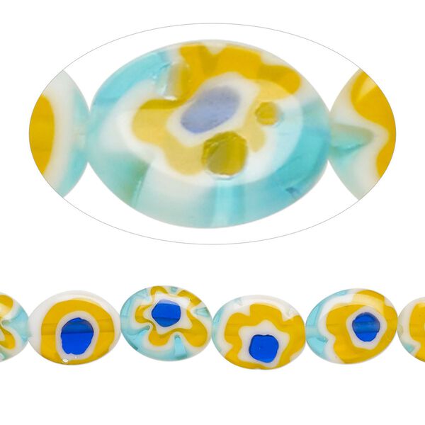 Bead, millefiori glass, translucent light blue / white / golden orange, 9x7mm-10x8mm puffed oval with flower design. Sold per 14-inch strand, approximately 40 beads. image number 0