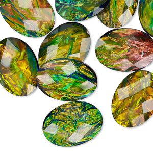 Cabochon, resin, opalescent black and multicolored, 18x13mm non-calibrated faceted oval. Sold per pkg of 20.